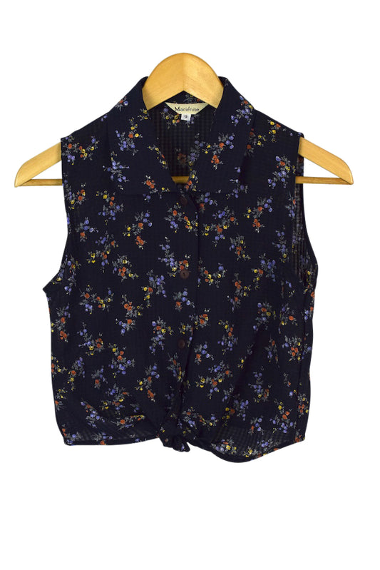 Navy Floral Print Tie Up Top