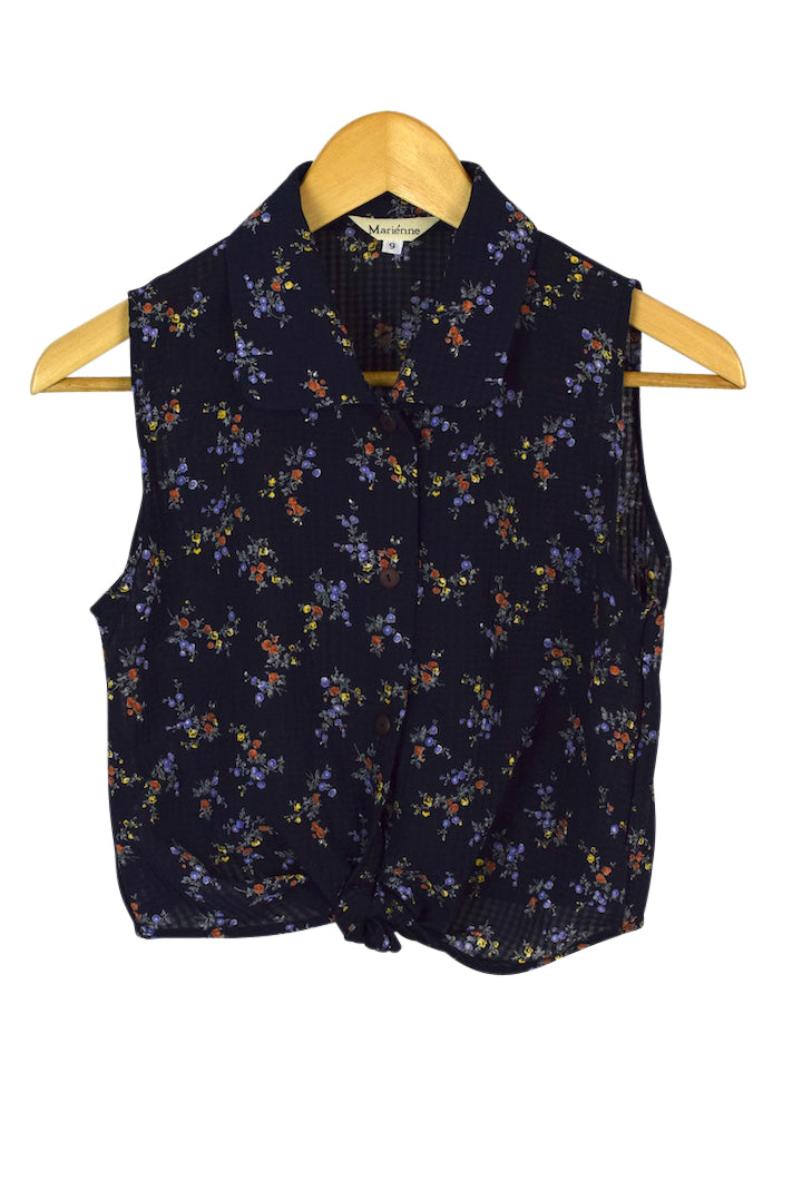 Navy Floral Print Tie Up Top