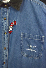 Load image into Gallery viewer, Ladies Cat In Hat Print Denim Blouse
