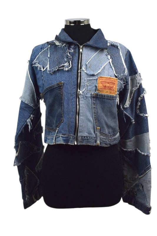 Reworked Patchwork Cropped Denim Jacket
