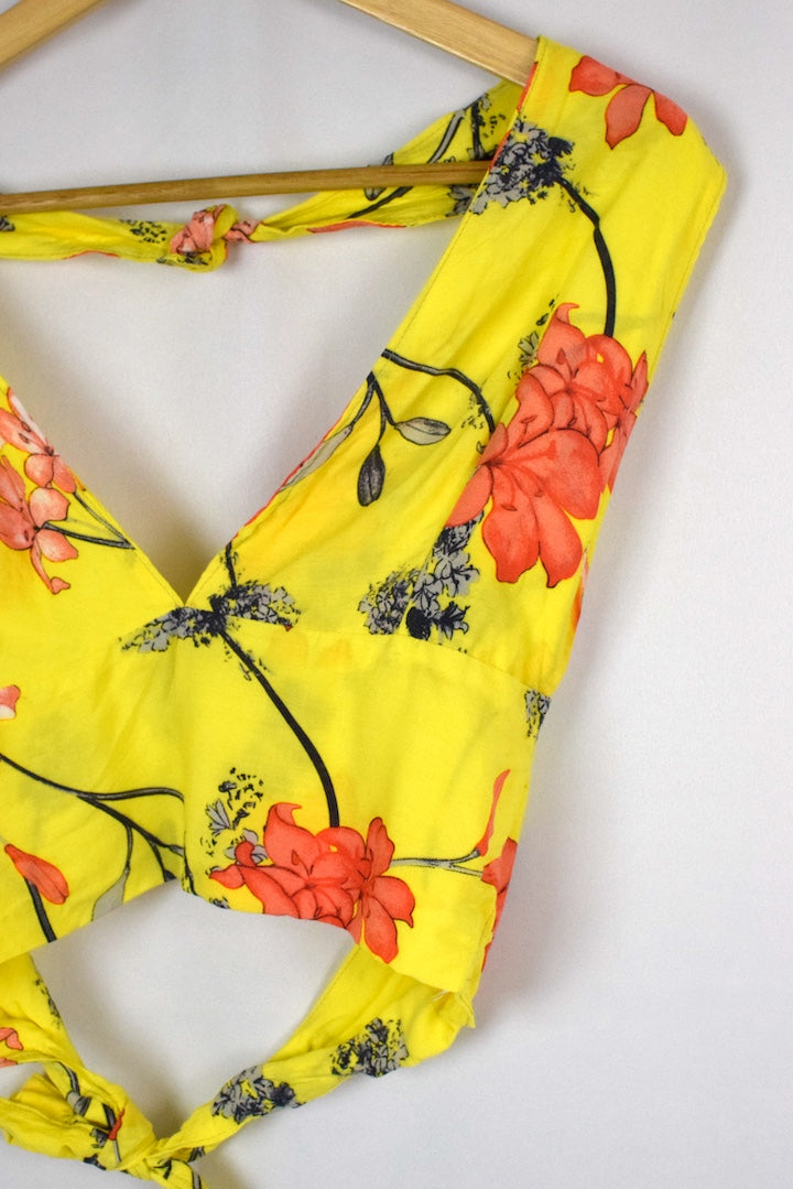 Reworked Yellow Floral Tie Up Top