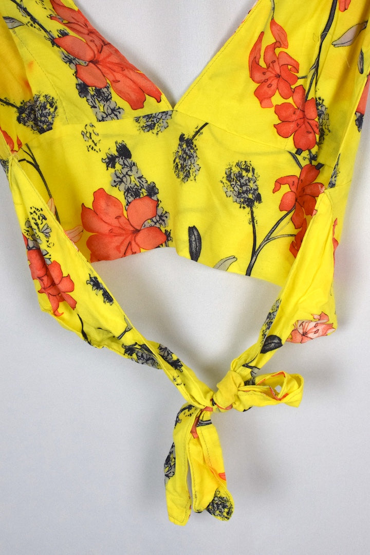 Reworked Yellow Floral Tie Up Top