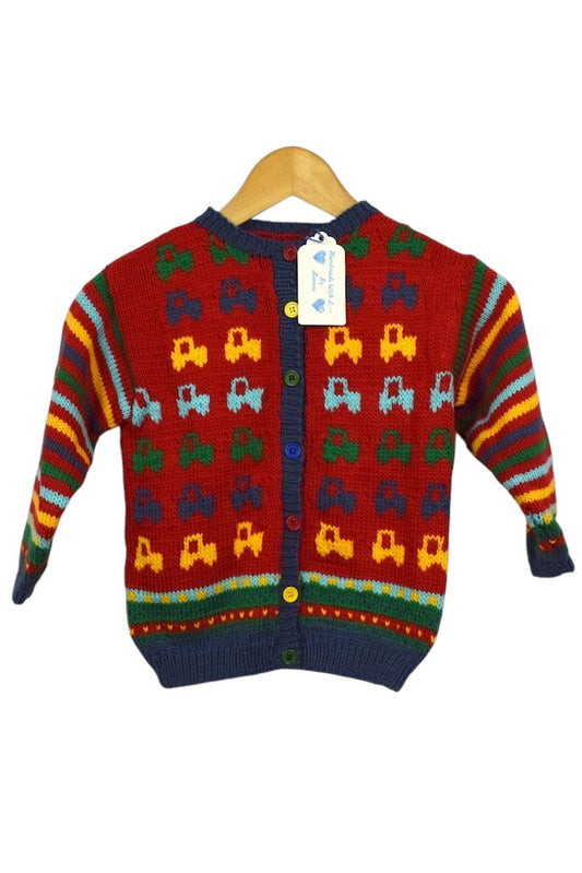 Hand-Knitted Children's Car Pattern Cardigan