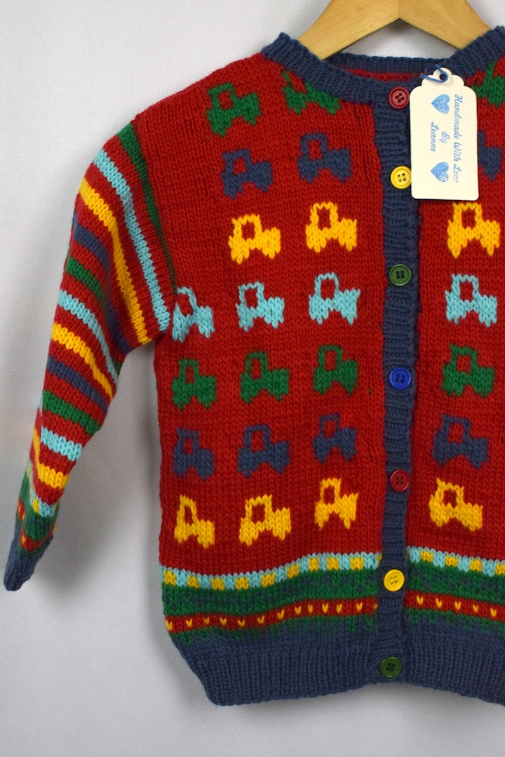 Hand-Knitted Children's Car Pattern Cardigan