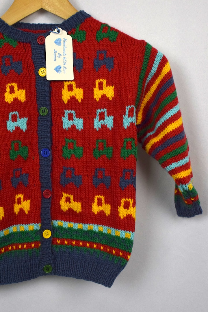 Hand-Knitted Children's Car Pattern Cardigan