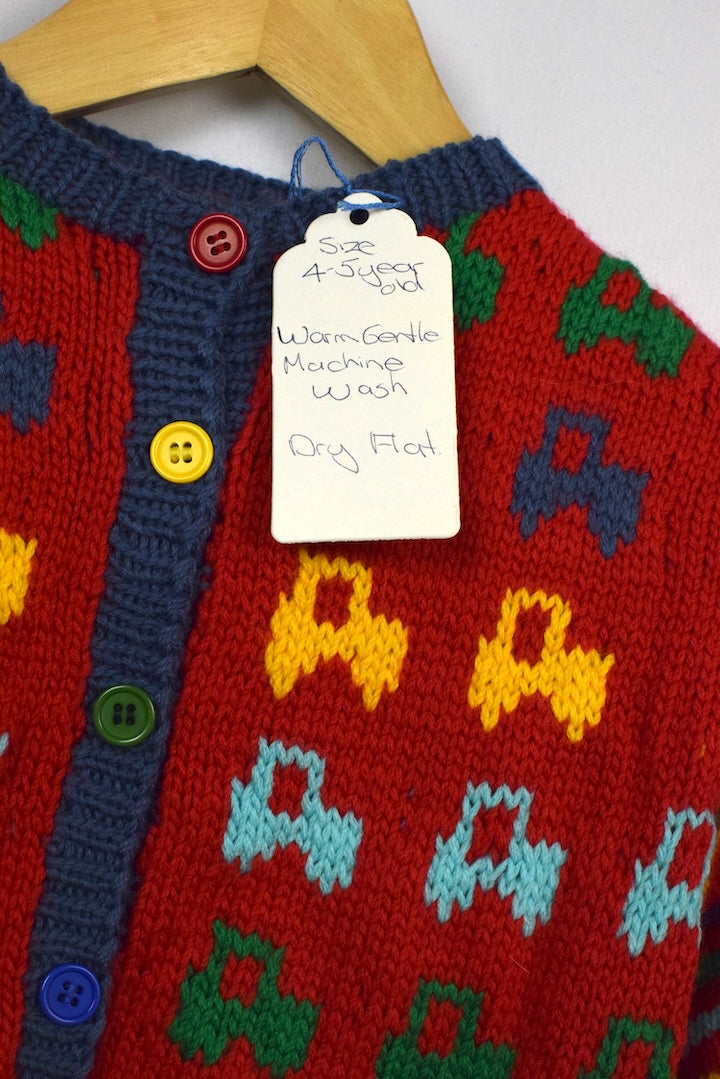 Hand-Knitted Children's Car Pattern Cardigan