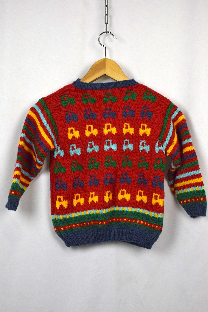 Hand-Knitted Children's Car Pattern Cardigan