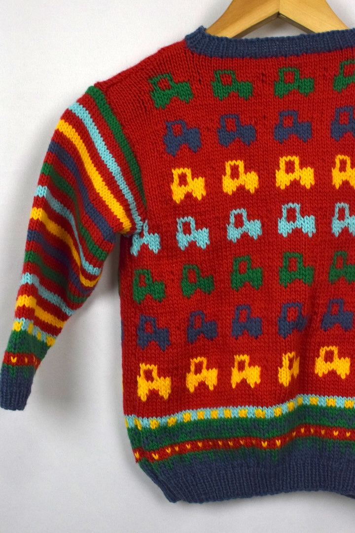 Hand-Knitted Children's Car Pattern Cardigan