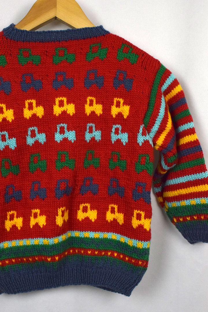 Hand-Knitted Children's Car Pattern Cardigan