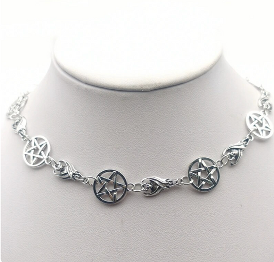 Silver-coloured Pentagram Bat Necklace