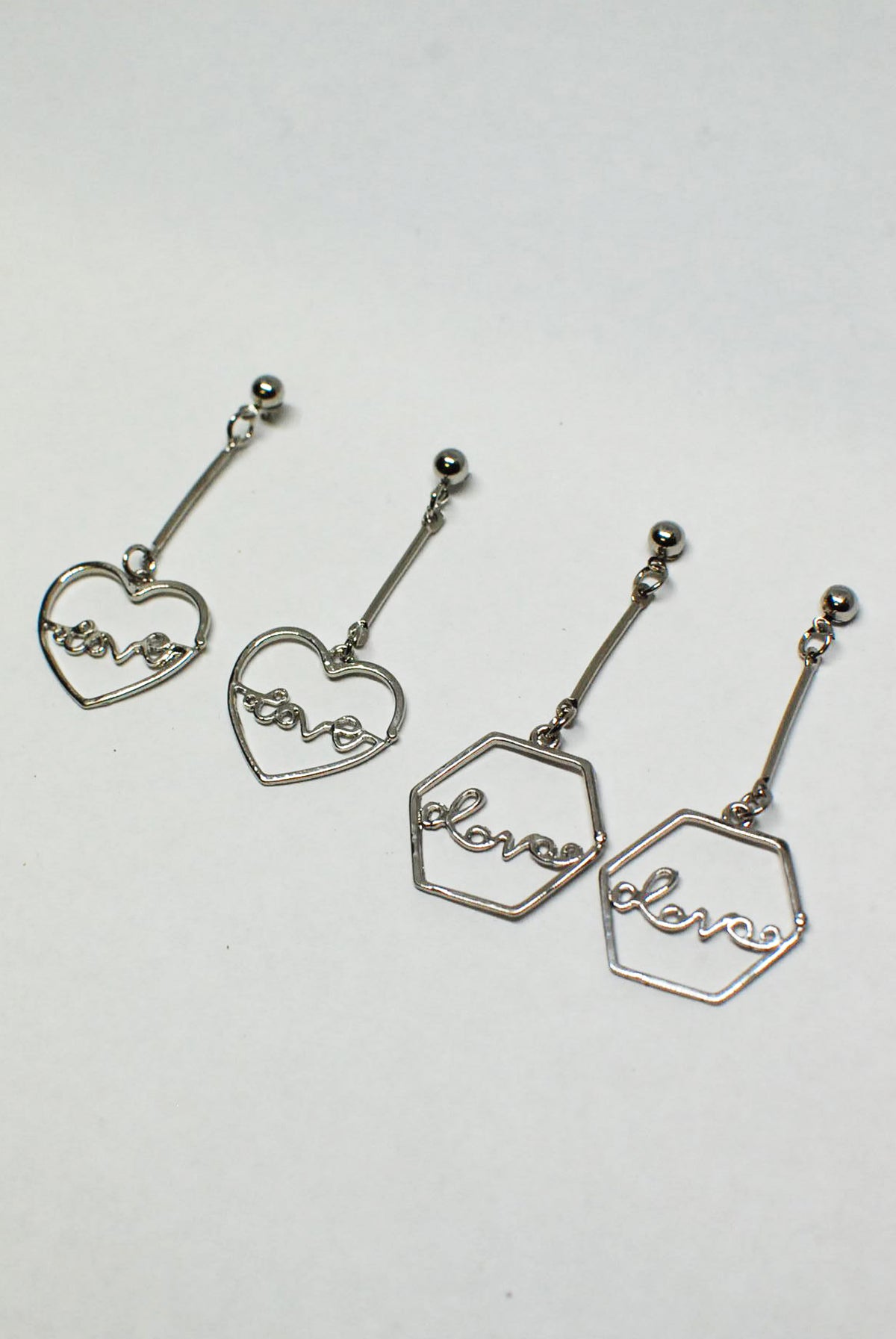Heart or Pentagon Shaped Drop Earrings with "Love"