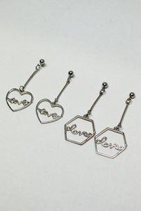 Heart or Pentagon Shaped Drop Earrings with "Love"